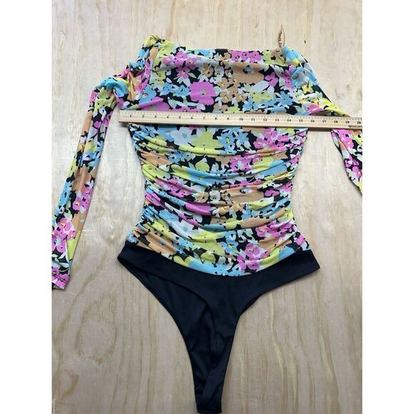 AFRM Bodysuit Colorful Floral M Mesh Runched Sheer Sleeves - Picture 6 of 6